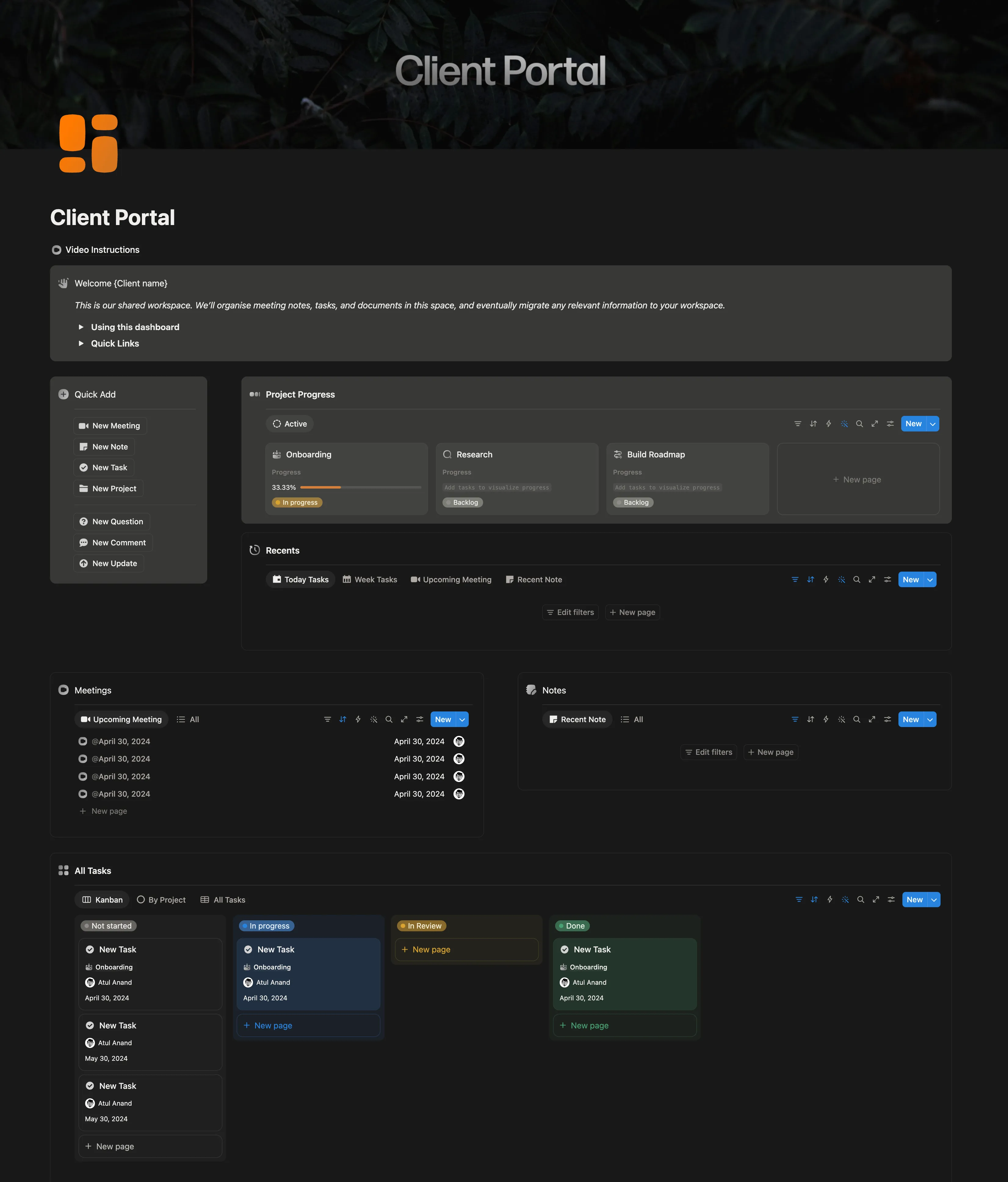 Client portal dashboard in Notion, owner view